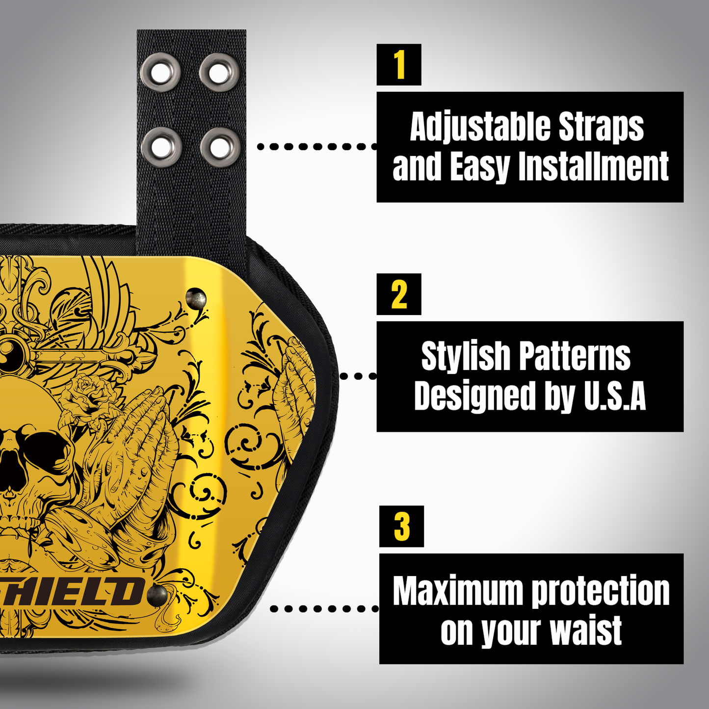 O Shield Angels & Demons Golden Chrome Football Back Plate, Lower Back Pads for Football Players, Rear Protector, Universal Fit