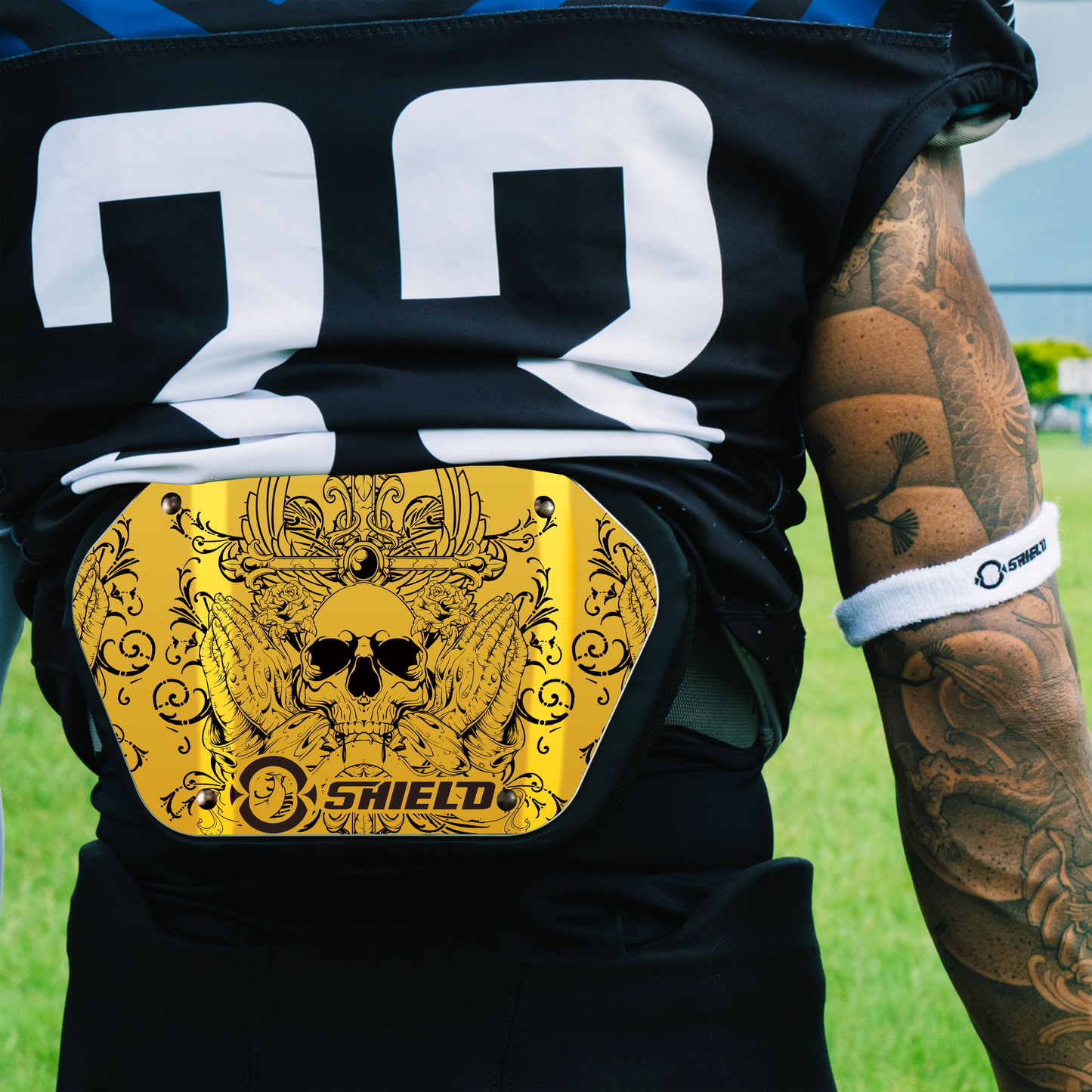 O Shield Angels & Demons Golden Chrome Football Back Plate, Lower Back Pads for Football Players, Rear Protector, Universal Fit