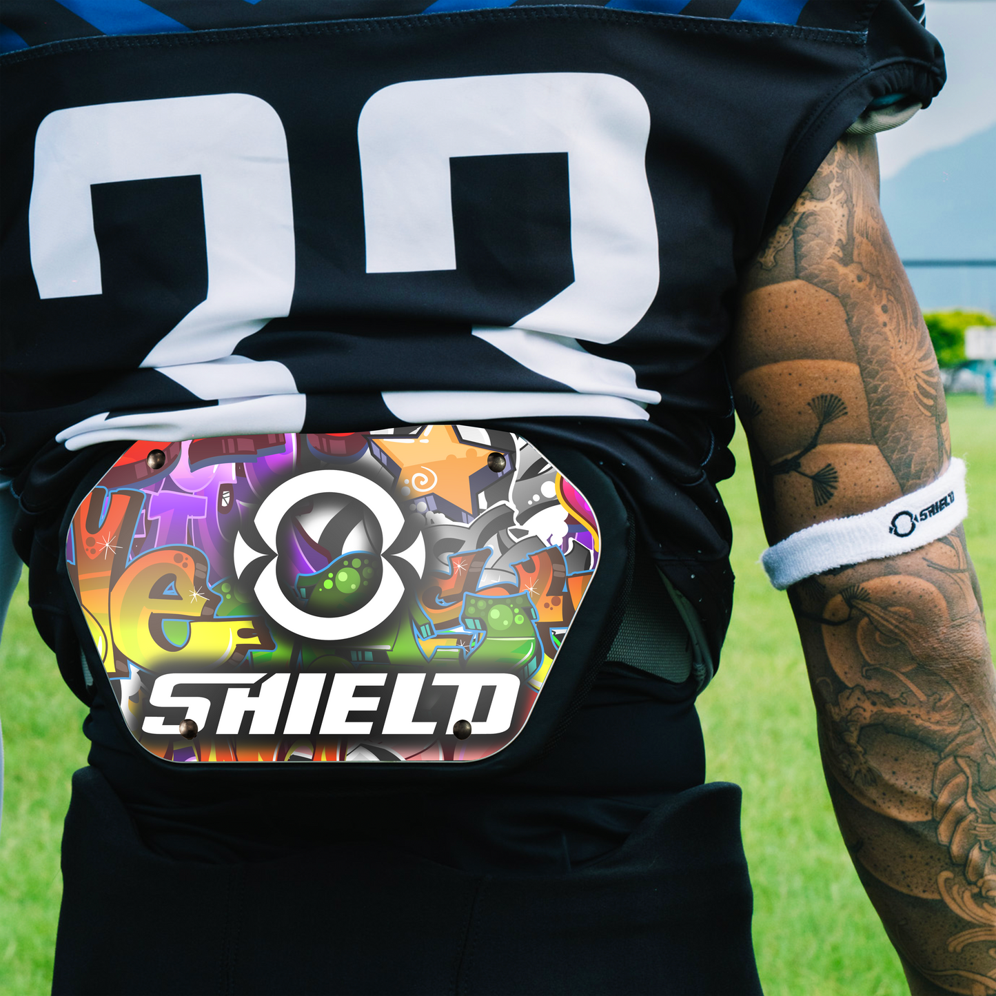 O Shield GRAFFITI Football Back Plate, Lower Back Pads for Football Players, Rear Protector, Universal Fit