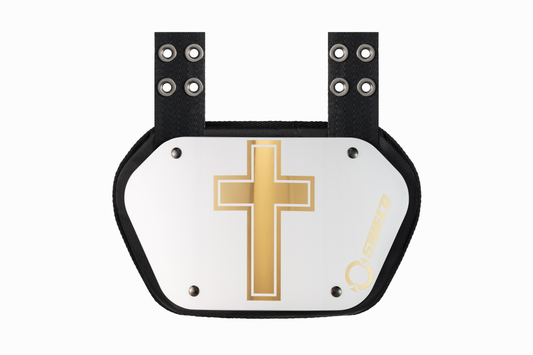 O Shield Golden Cross White Chrome Football Back Plate, Back Plate for Football, Lower Back Pads for Football Players, Rear Protector