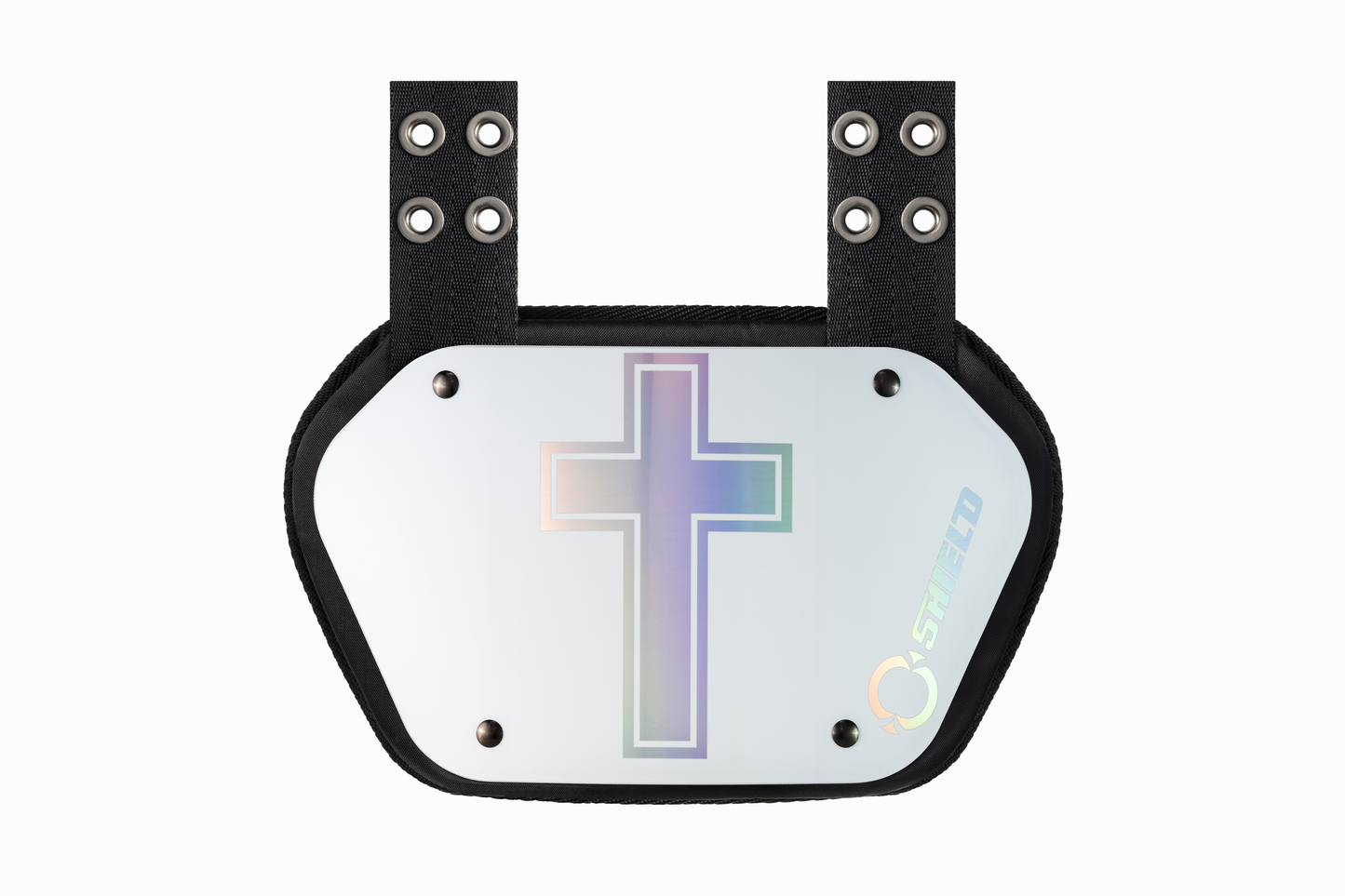 O Shield Holy Cross White Chrome Football Back Plate, Back Plate for Football, Lower Back Pads for Football Players, Rear Protector