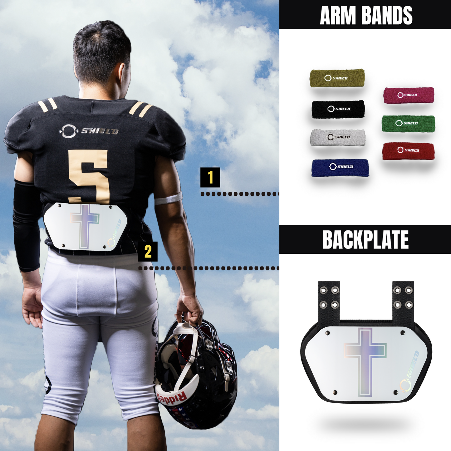 O Shield Holy Cross White Chrome Football Back Plate, Back Plate for Football, Lower Back Pads for Football Players, Rear Protector