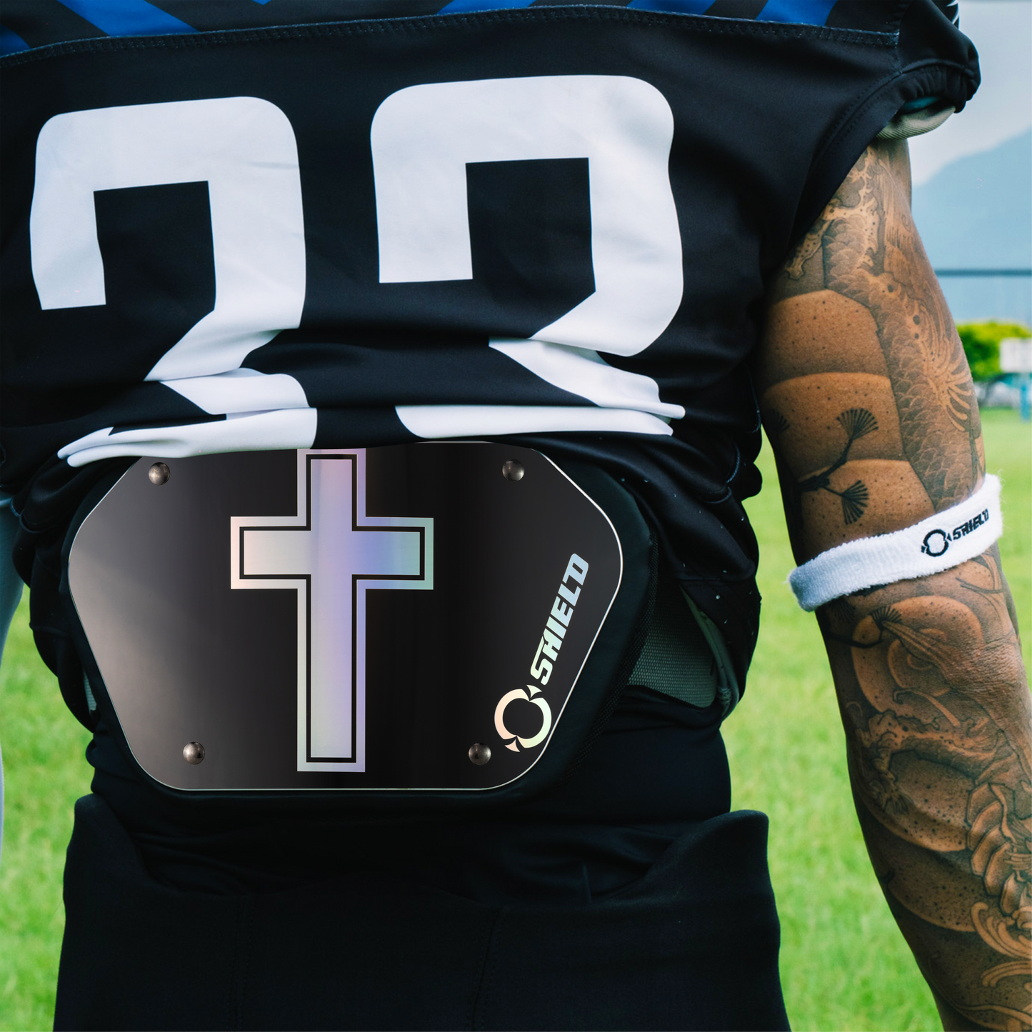 O Shield Holy Cross Chrome Football Back Plate, Back Plate for Football, Lower Back Pads for Football Players, Rear Protector