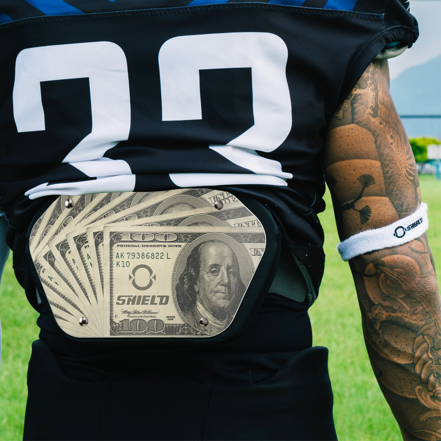 O Shield MONEY Football Back Plate, Lower Back Pads for Football Players, Rear Protector, Universal Fit