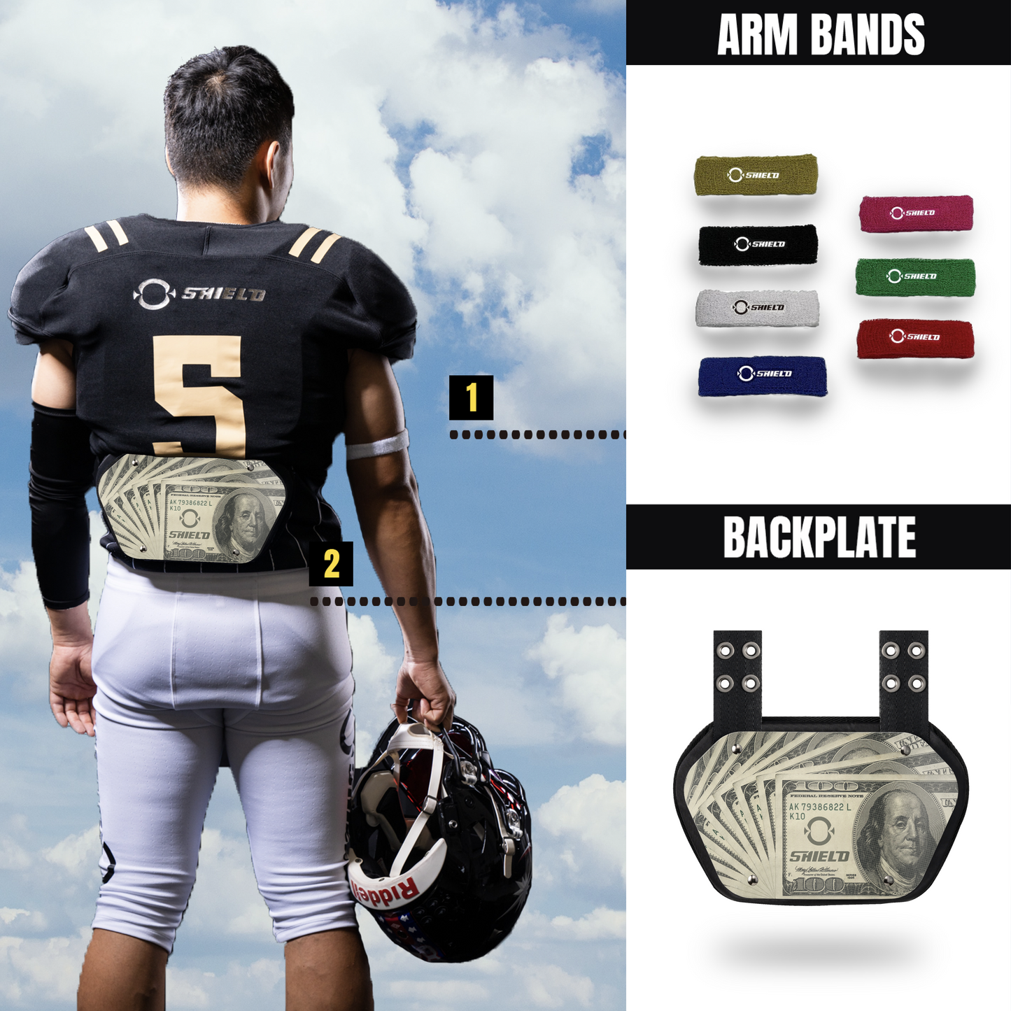 O Shield MONEY Football Back Plate, Lower Back Pads for Football Players, Rear Protector, Universal Fit