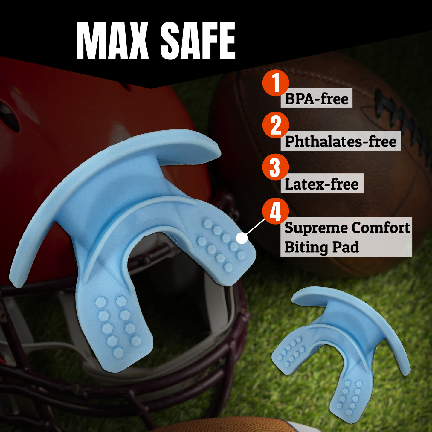 O Shield Mouth Guard for Football with Dual-Layer Protection, Built-in Air Channels, Extended Lip Shield, Soft Material, Adult and Youth Sizes with Strap/Case