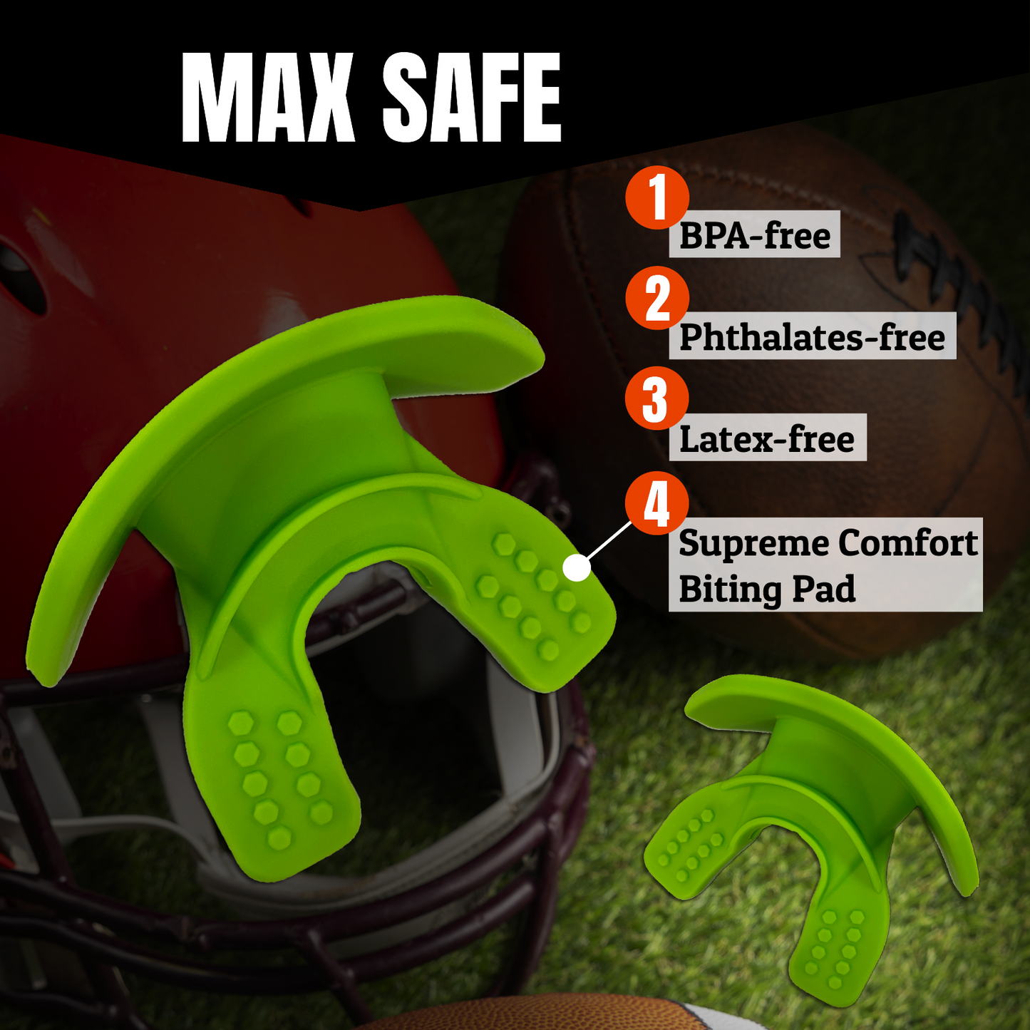 O Shield Mouth Guard for Football with Dual-Layer Protection, Built-in Air Channels, Extended Lip Shield, Soft Material, Adult and Youth Sizes with Strap/Case