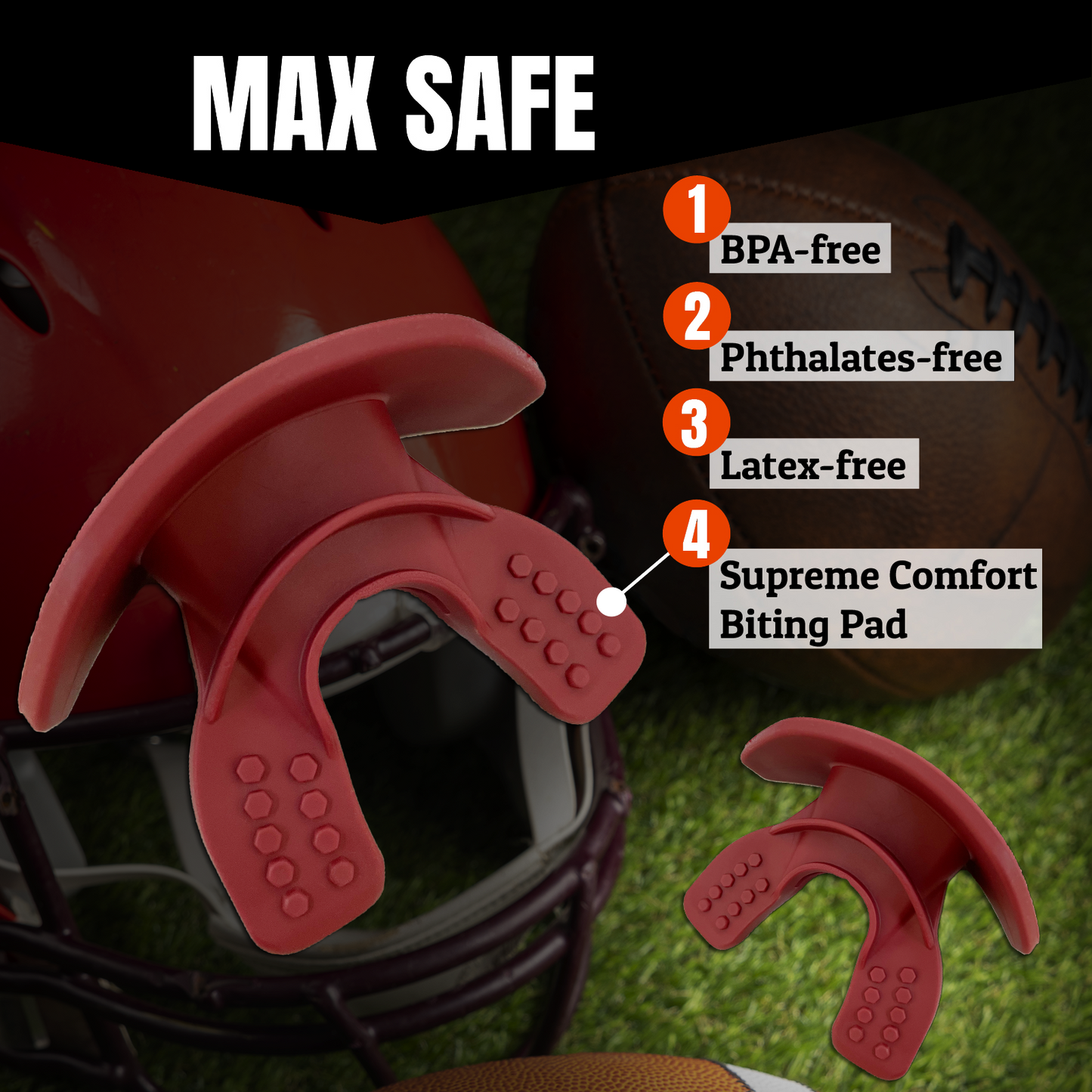 O Shield Mouth Guard for Football with Dual-Layer Protection, Built-in Air Channels, Extended Lip Shield, Soft Material, Adult and Youth Sizes with Strap/Case