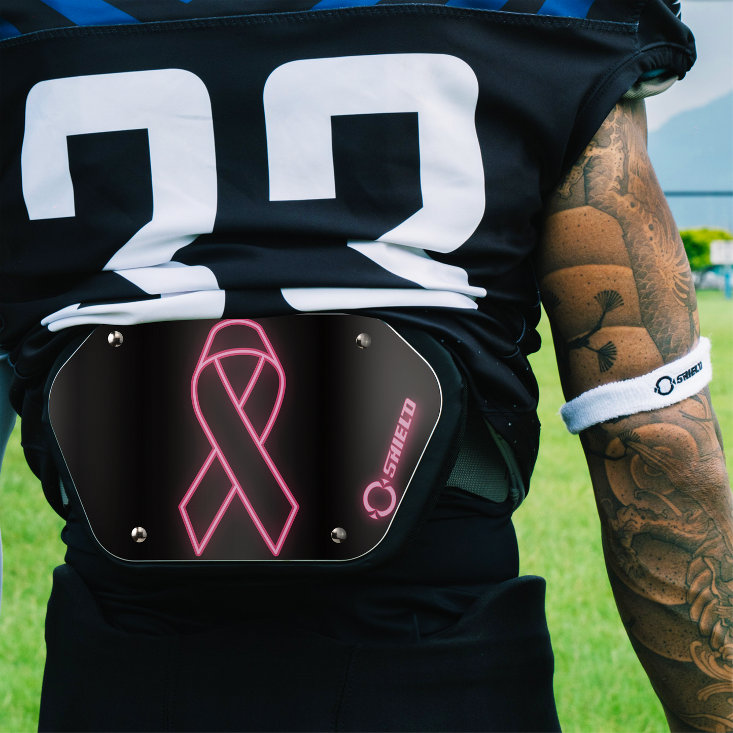 O Shield Pink Ribbon Football Back Plate, Lower Back Pads for Football Players, Rear Protector, Universal Fit