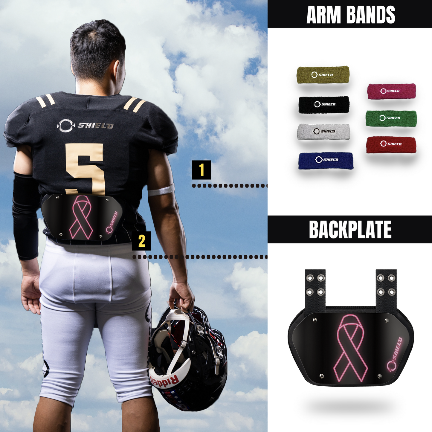 O Shield Pink Ribbon Football Back Plate, Lower Back Pads for Football Players, Rear Protector, Universal Fit