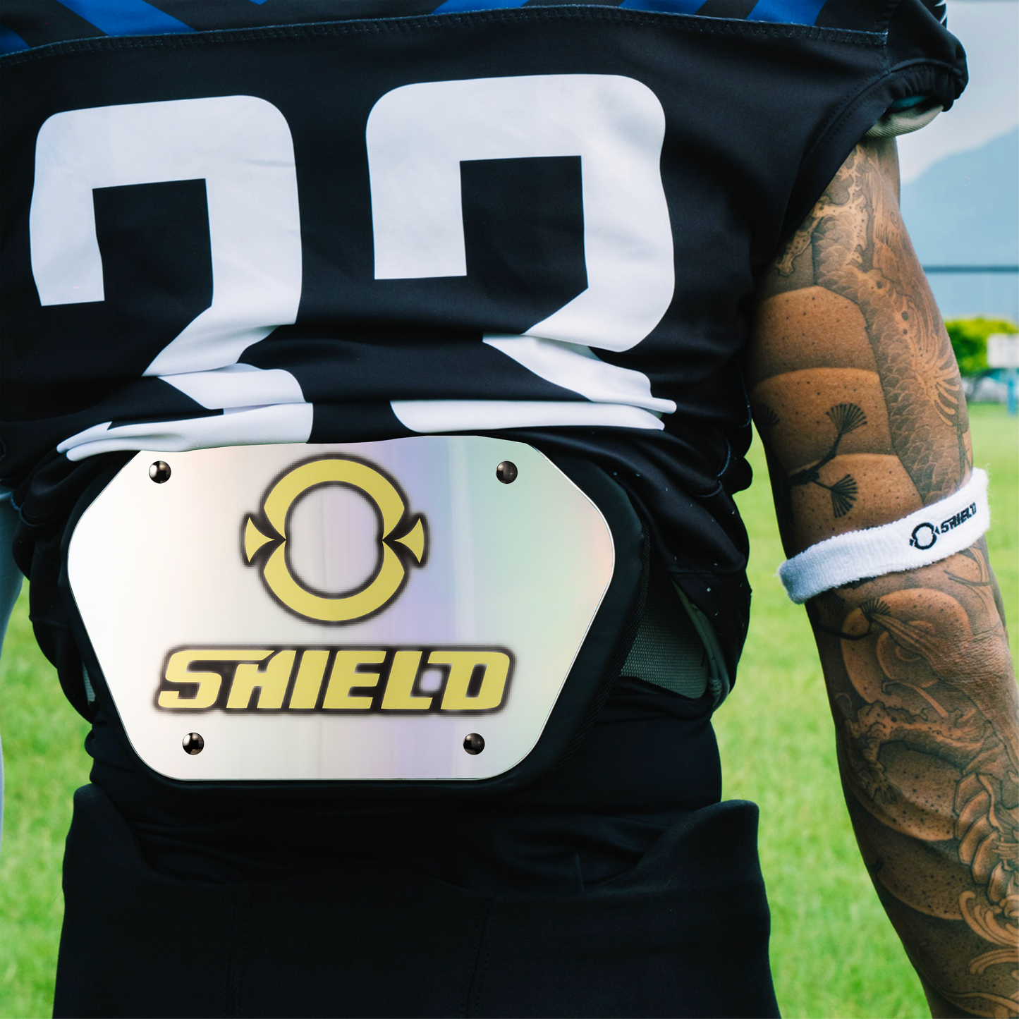 O Shield Laser Sharp Chrome O SHIELD Football Back Plate, Lower Back Pads for Football Players, Rear Protector, Universal Fit