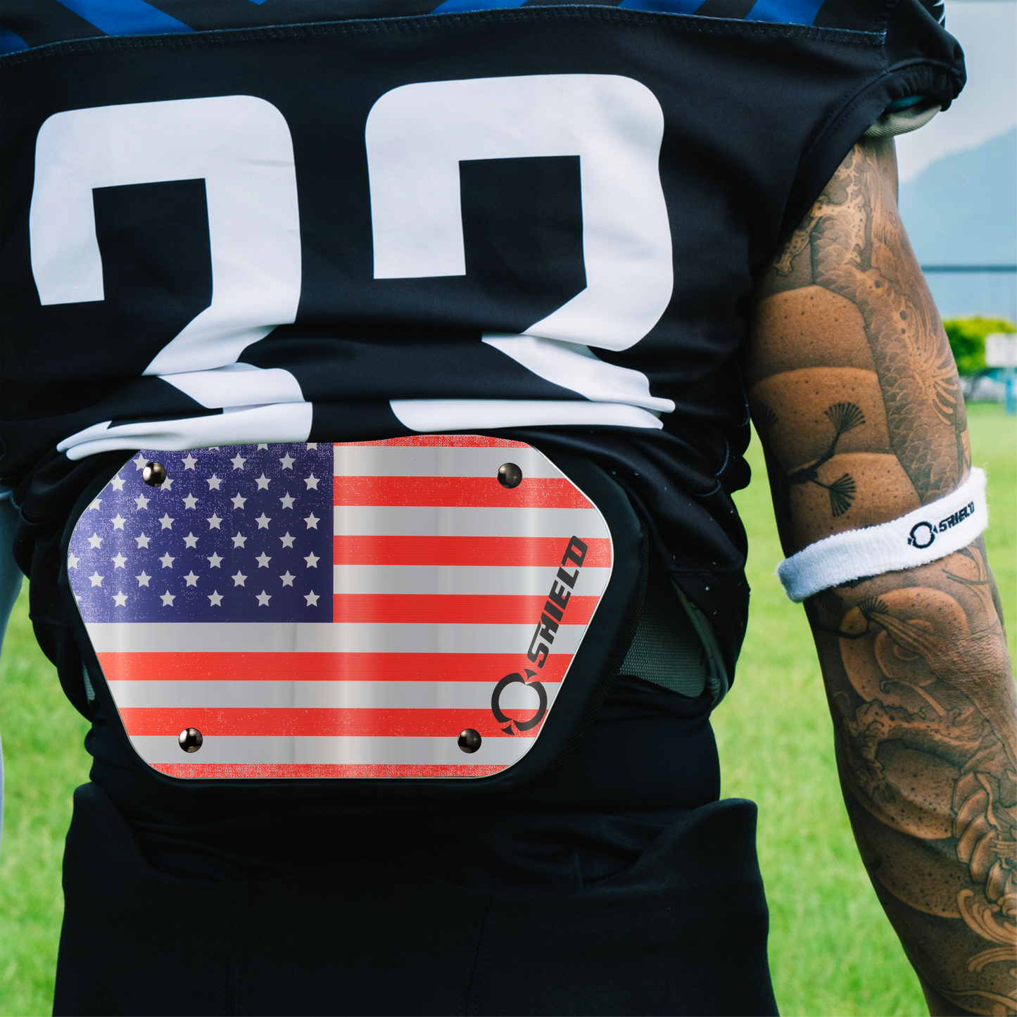 O Shield Flag of AMERICA Silver Chrome Football Back Plate, Lower Back Pads for Football Players, Rear Protector, Universal Fit